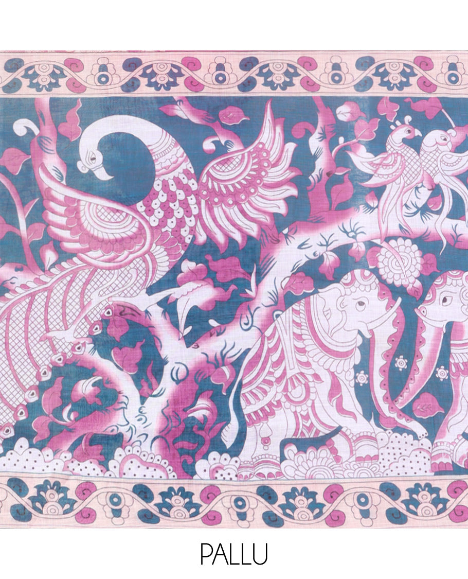 Onion Pink Linen Cotton Saree Features Kalamkari-Style Human Motifs Print, a Piping Border, Contrast Printed Pallu, and Contrast Blouse