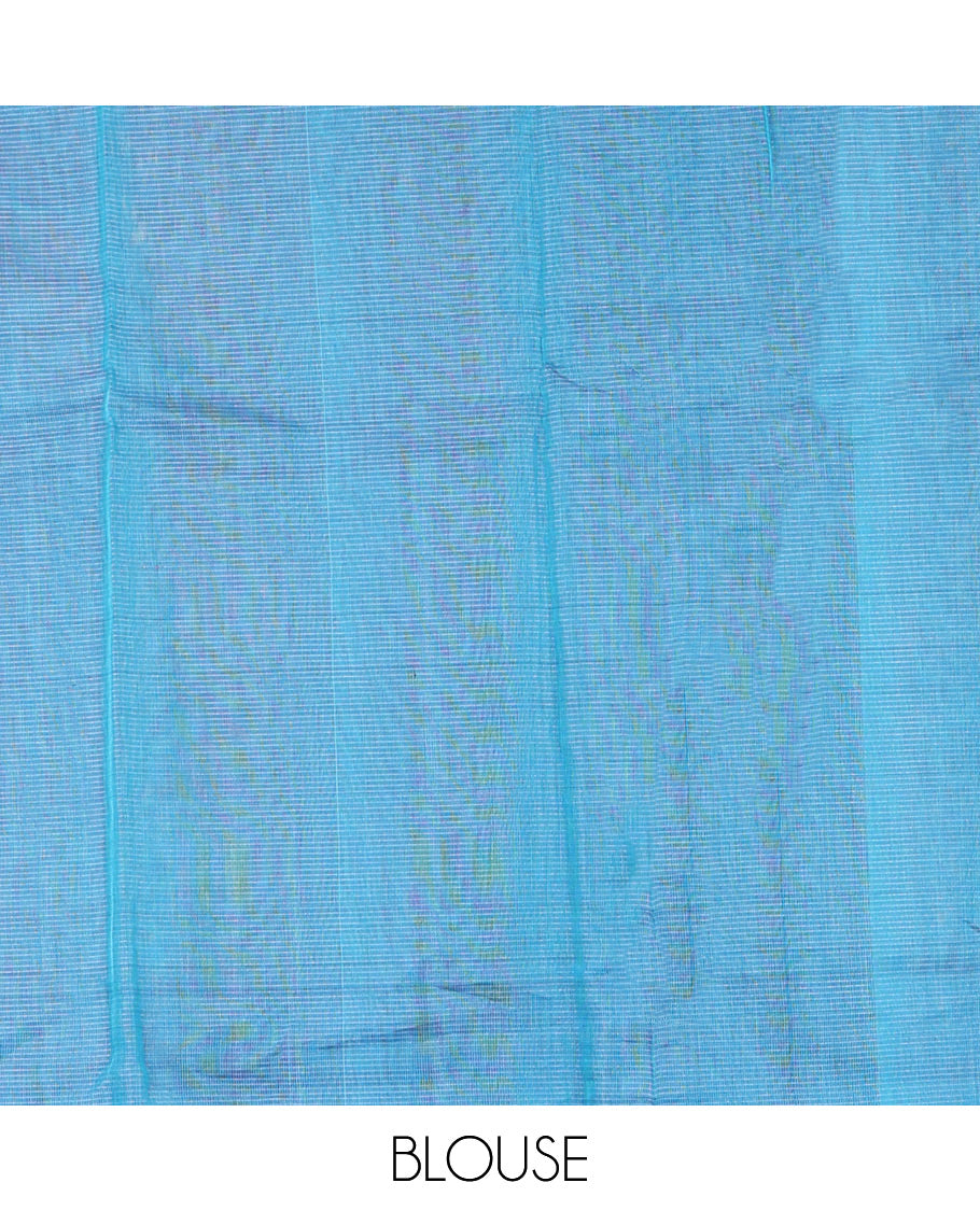 Blue Silk Saree, Subtly Woven with Buttas All Over Its Body,  Complemented by Contrast Peacock Charriot Motifs Woven Border, Temple Design Pallu and Paired with a Contrast Blouse