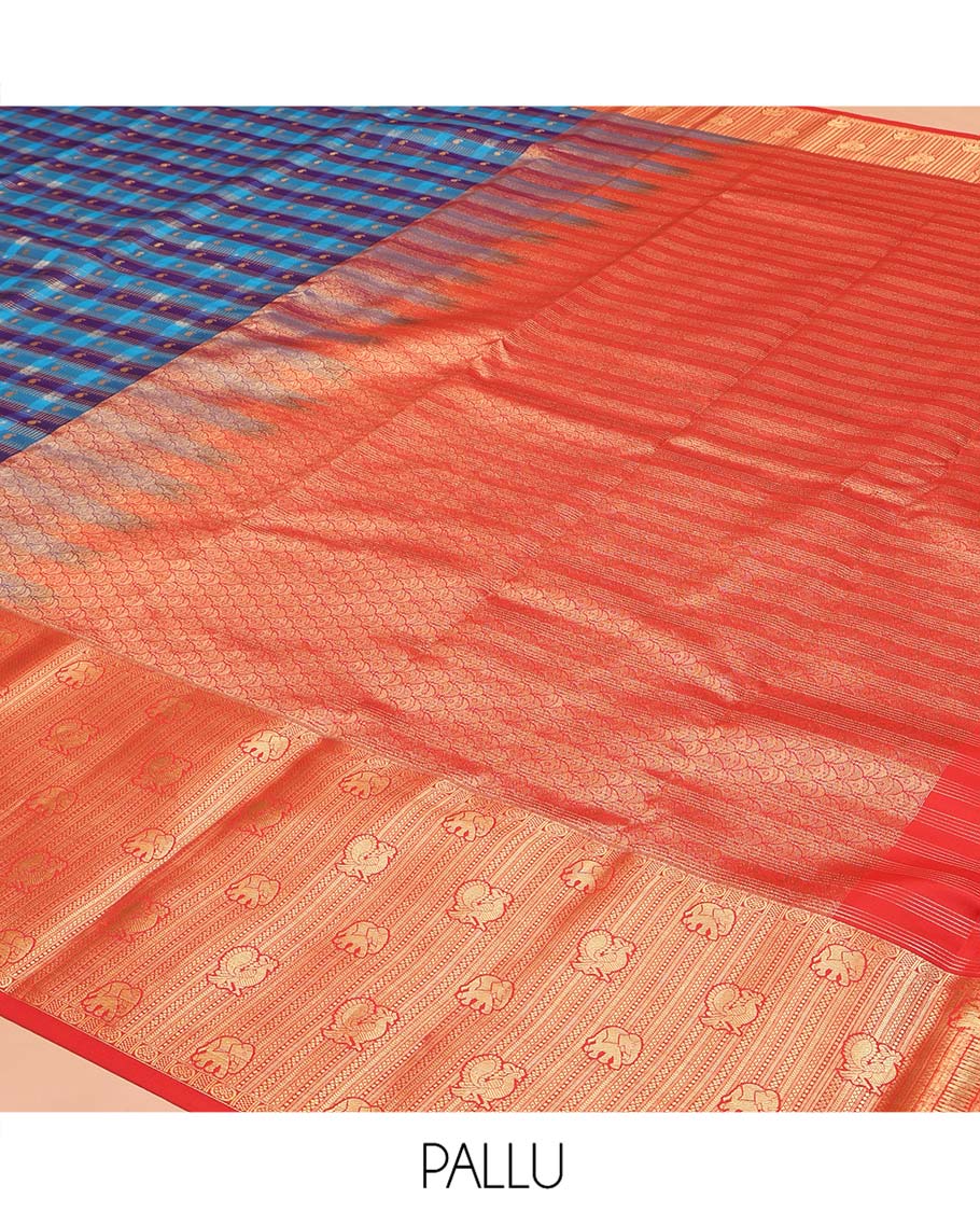 Multi-Color Vasundhara Lite Silk Mix Saree, Ornamented with Checked Design on Its Body, Complemented by a Contrast Border of Geometric, Mayil, and Yaanai Designs, a Grand Scallop Design Pallu, and Paired with a Contrast Blouse