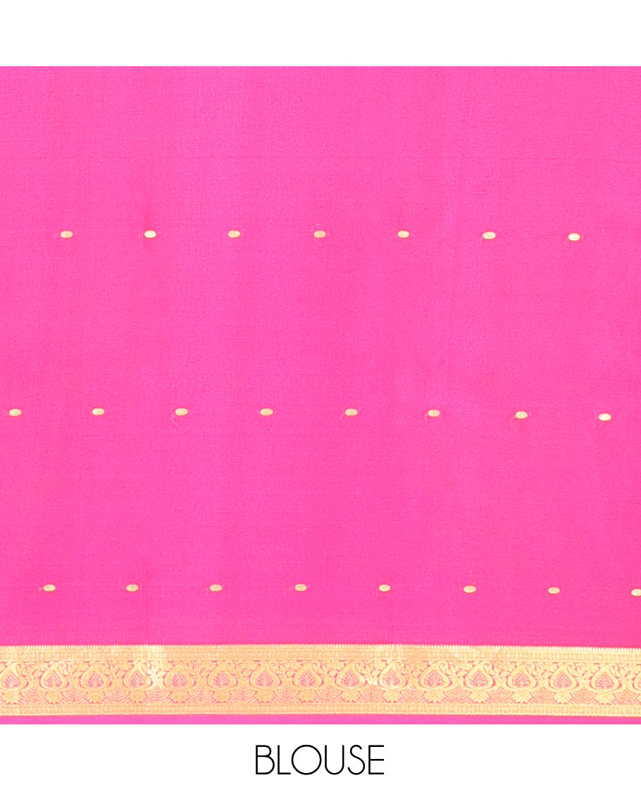 Green Zari Buttas Mysore Silk Saree, Complemented by a Contrast Paisley Zari Border, Zari Design Pallu, and a Contrast Blouse