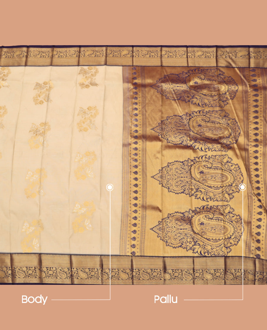 Beige Budget Silk Saree, Subtly Sparkled with Zari Buttas, Complemented by a Contrast Traditional Zari Border, Grand Pallu, and a Contrast Blouse
