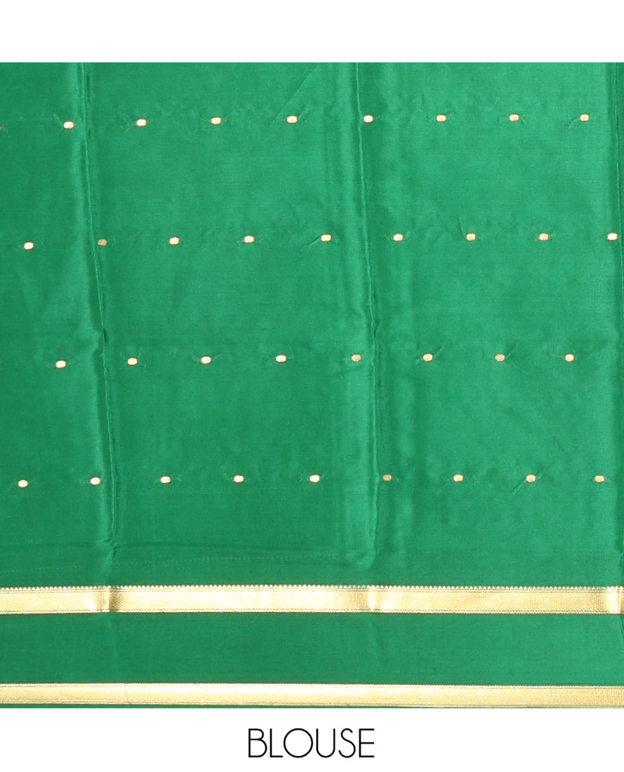 Cream Mysore Silk Saree, Embellished with Buttas, Complemented by a Contrast Traditional Zari Border, Zari Design Pallu, and a Contrast Blouse