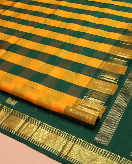 Multi-Color Kanchipuram Silk Saree, Decked Up with Palum Pazhamum Checked Design on Its Body, Highlighted by a Zari One-Sided Border of Panner Sombu, Banaras, Muthu, and Mayil Kann Designs, Pallu of Zari Designs, and Comes Without a Blouse