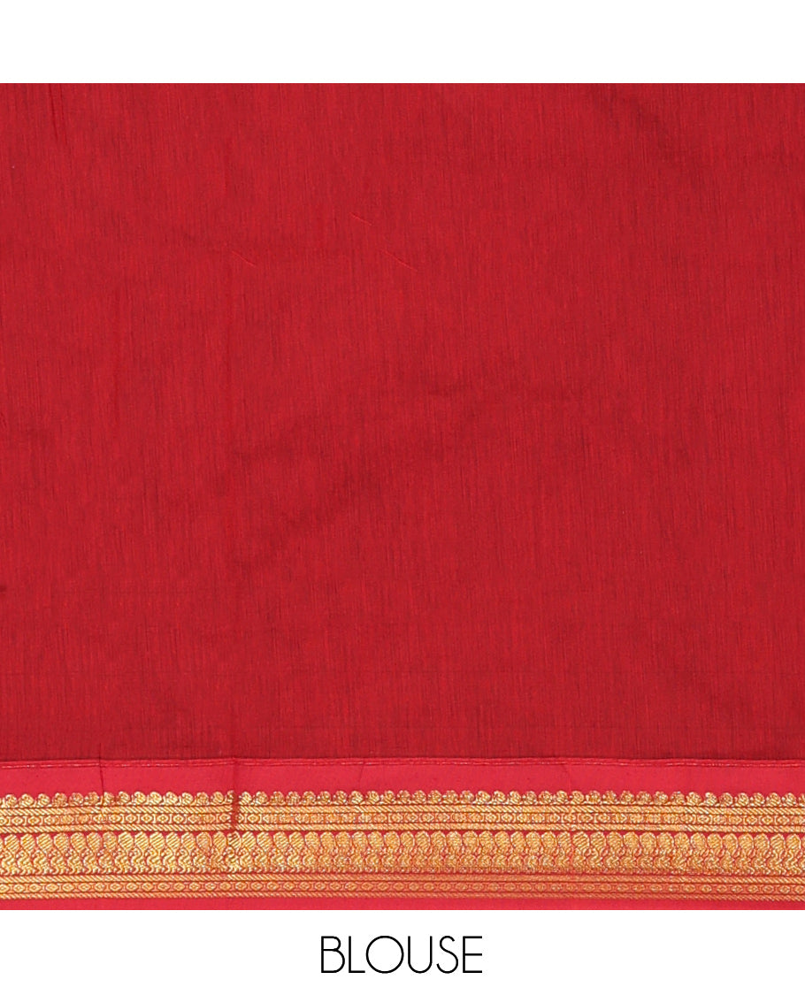 Violet Kalyani Cotton Saree, Subtly Woven with Zari Buttas, Complemented by a Contrast Traditional Border, Traditional Pallu, and a Contrast Blouse