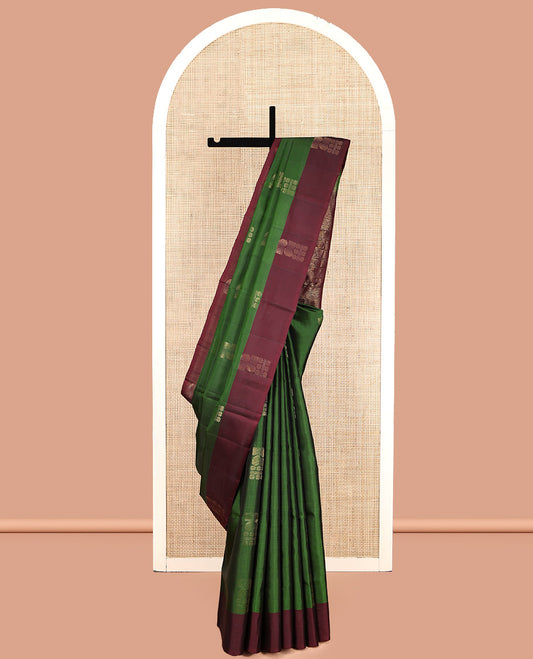 Green Mayuri Lite Silk Mix Saree, Ornamented with Zari Buttas, Complemented by a Contrast Zari Border, Pallu of Geometric Designs, and a Contrast Blouse
