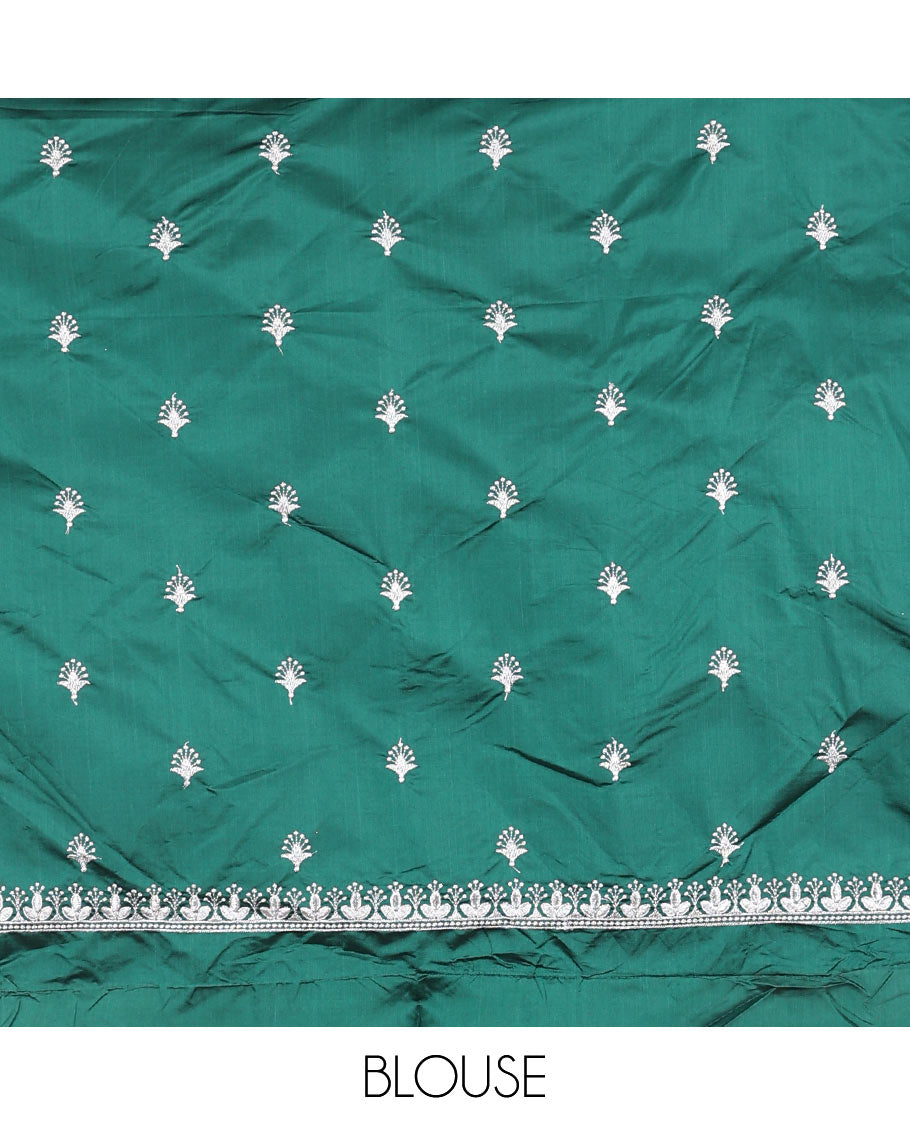 Green floral jacquard half saree with contrast intricate zari border, embroidered blouse & floral embroidery scallop border dhavani