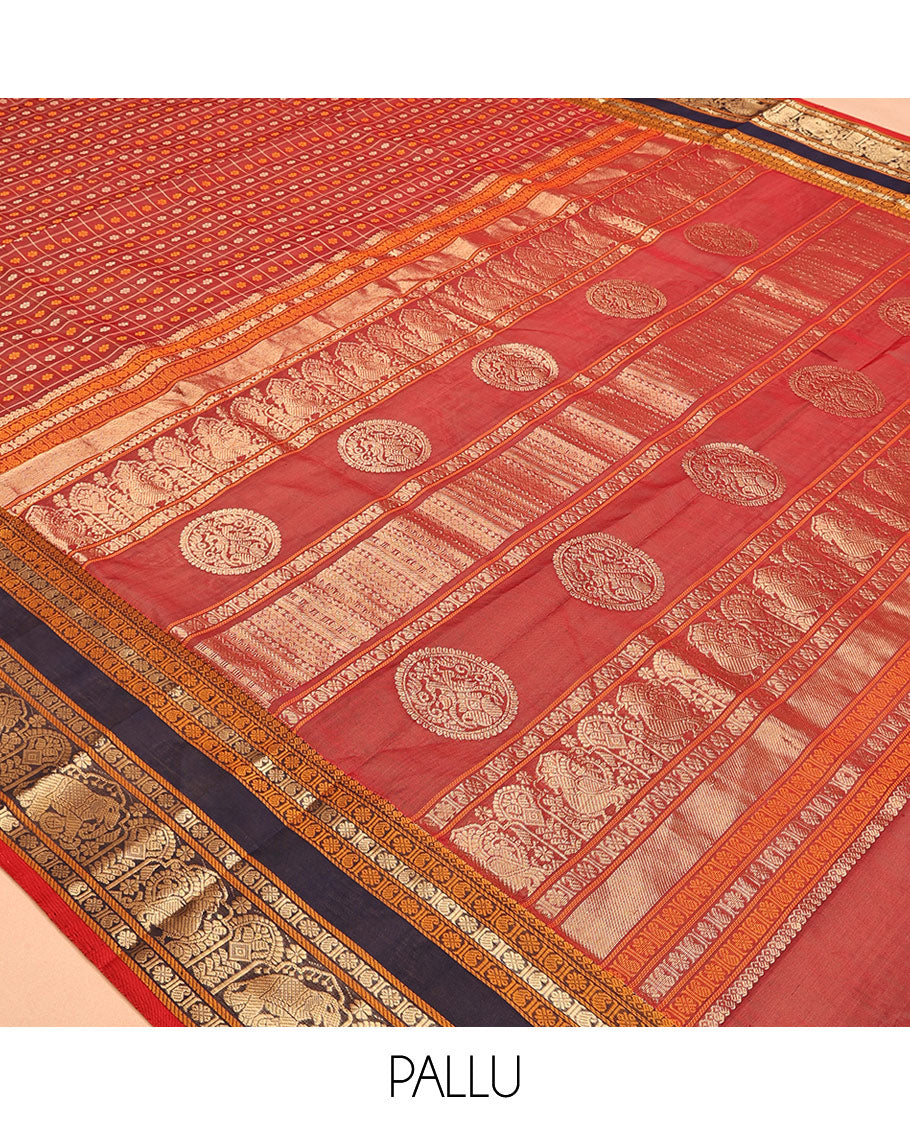 Red Buttas-Checked Kuppadam Silk Saree, a Contrast Double-Pet Peacock-Elephant Border, Grand Pallu, Matching Blouse