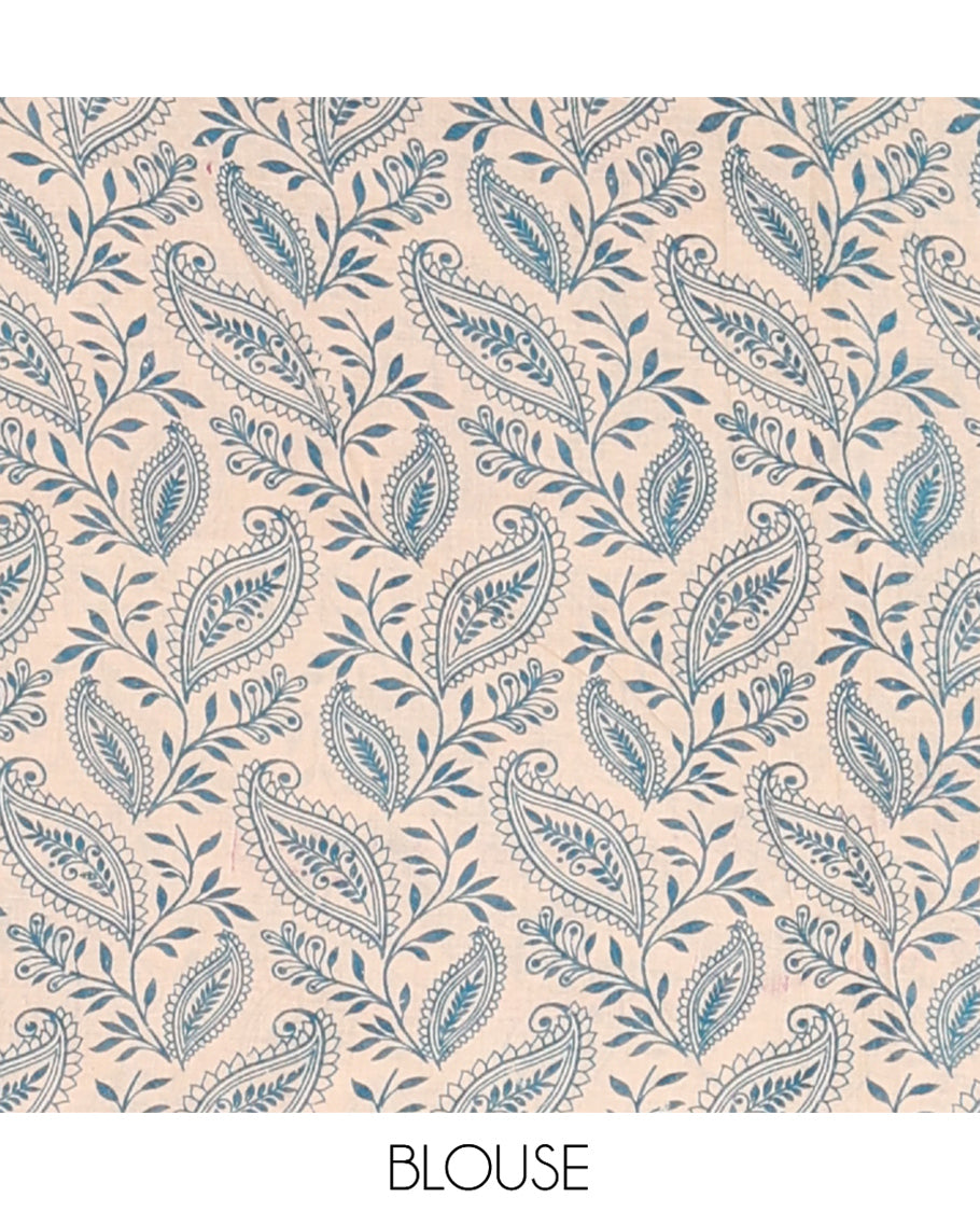 Pink Machine-Printed Kalamkari Cotton Saree Features Floral, Fauna, and Pichwai Lotus, a Contrast-Printed Border, Pallu of Lord Krishna Motifs, and a Contrast Blouse