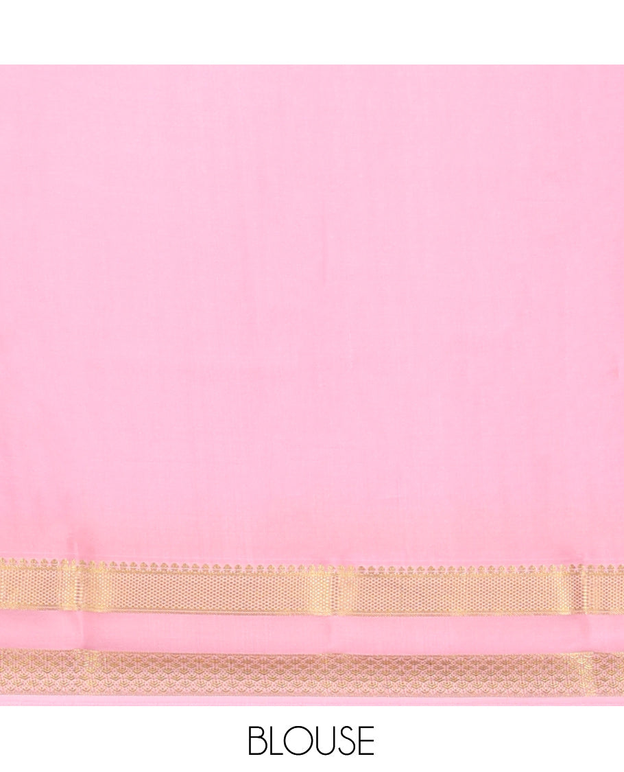 Pink Mysore Silk Saree, Gleamed Up with Zari Designs, Highlighted by a Traditional Zari Border, Intricate Pallu, and a Matching Blouse