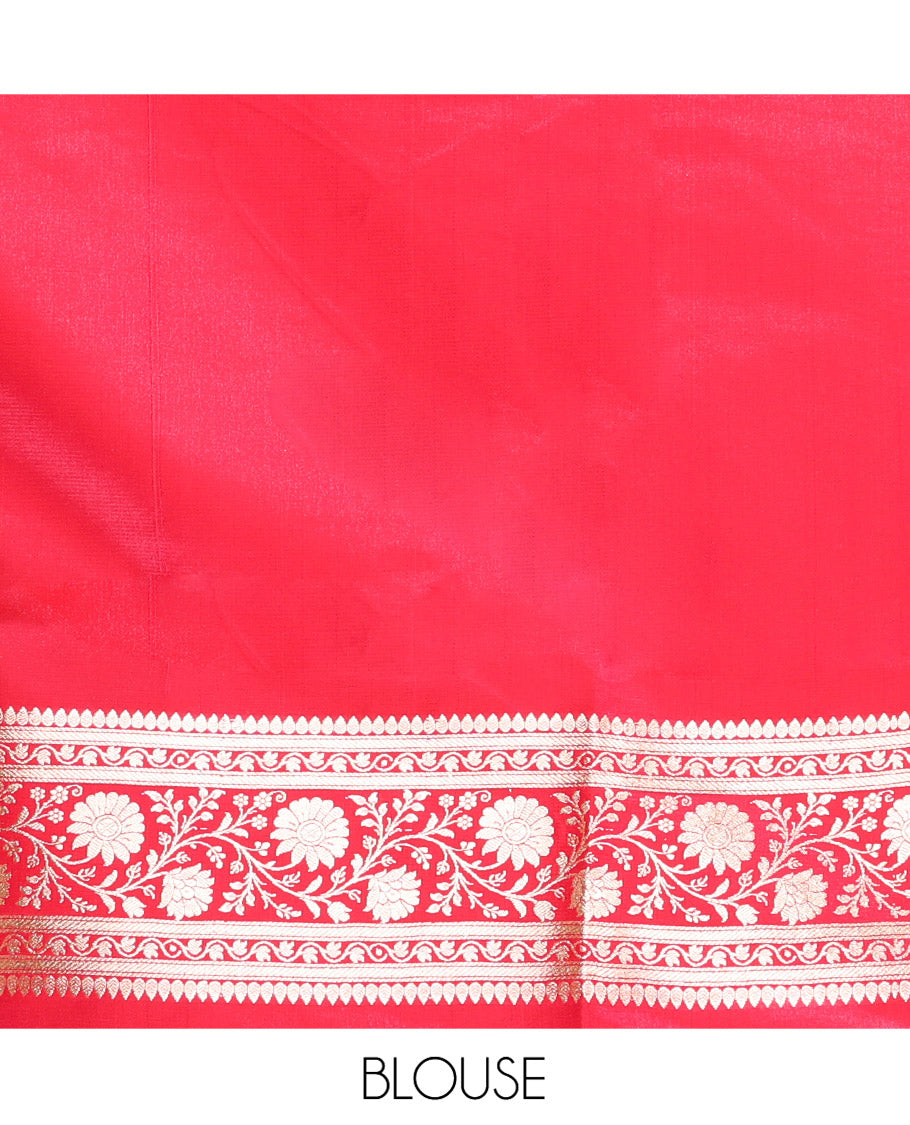 Blue Semi-Banaras Saree, Beautified with Buttas on Its Body, Complemented by a Contrast Floral Creeper Design Border, Intricately Designed Pallu, and Paired with a Contrast Blouse