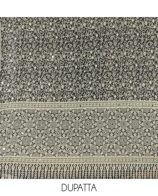 Bottle Green Material Chudidar Set, Subtly Woven with Pom-Pom Potli Neck Vichitra Silk Top, a Plain Santoon Bottom, Paired with Crushed Georgette Dupatta of Ajrakh Print and Mirror Work