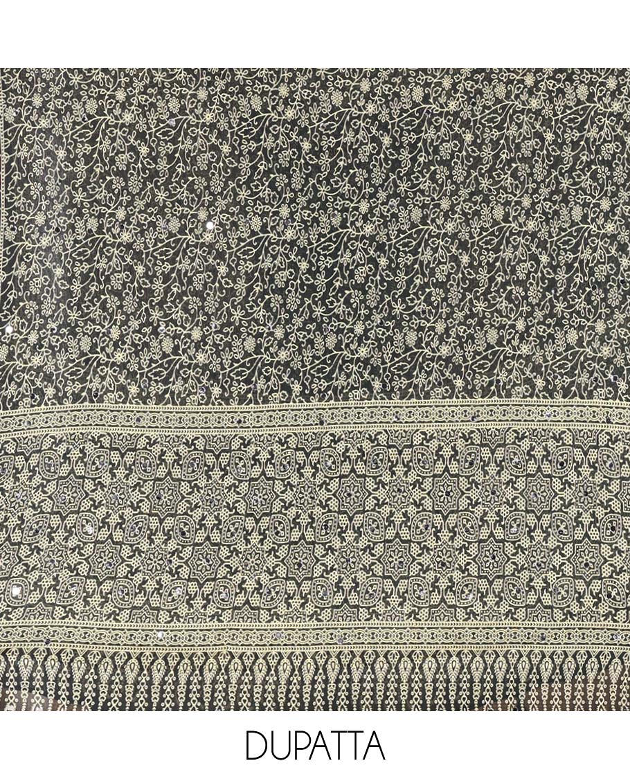 Bottle Green Material Chudidar Set, Subtly Woven with Pom-Pom Potli Neck Vichitra Silk Top, a Plain Santoon Bottom, Paired with Crushed Georgette Dupatta of Ajrakh Print and Mirror Work