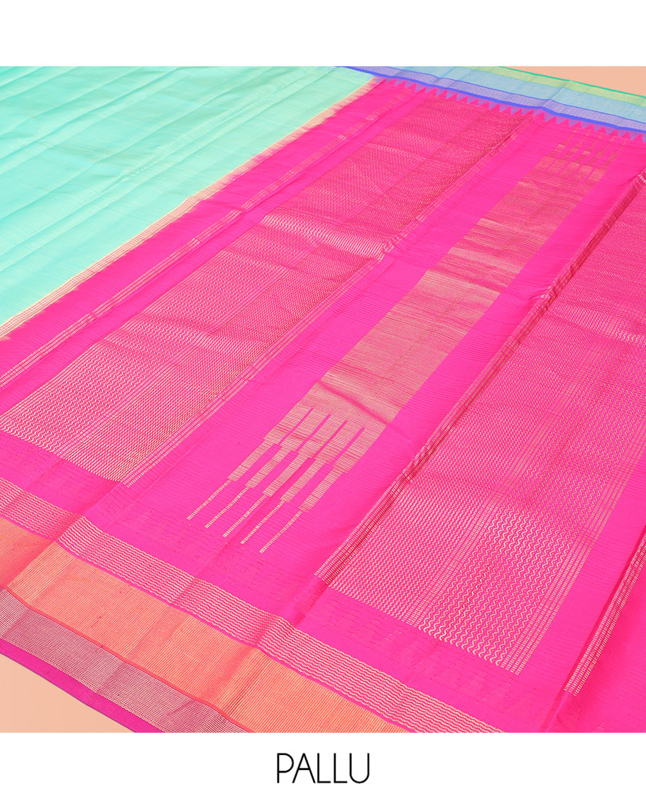 Turquoise Striped Bangalore Silk Saree, Complemented by a Contrast Temple Ganga-Jamuna Border, Zari-Striped Pallu, and Contrast Blouse