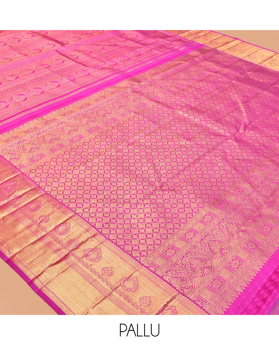 Pink Kanchipuram Wedding Silk Saree, Ornamented with Jacquard Design, a Traditional Zari Border, Grand Pallu, and a Matching Blouse