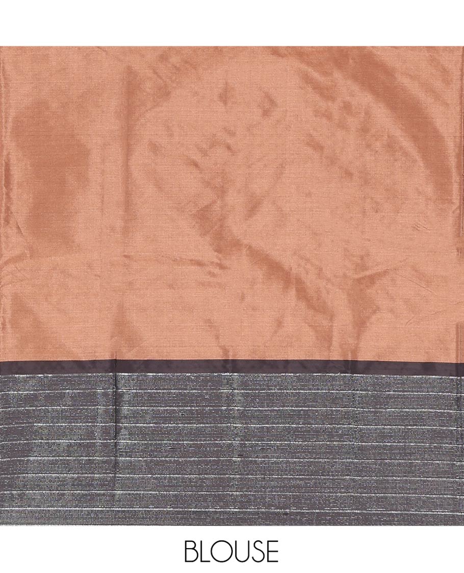 Orange Aarani Silk Saree, Woven with Zari Stripes on Its Body, Complemented by a Contrast Zari Striped Border, Pallu of Stripes, and Paired with a Contrast Blouse