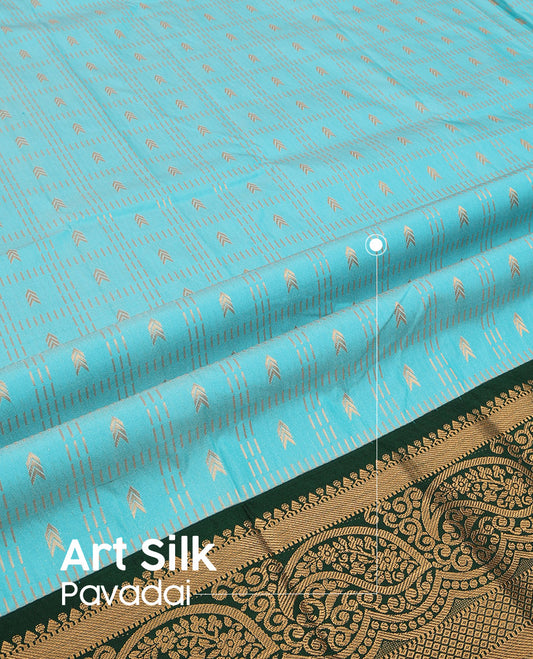 Blue Art Silk Pavadai Material Set, Decorated with Zari Butta Enclosed Checks All Over the Skirt, Complemented by a Contrast Paisley Zari Border, and Paired with a Contrast Blouse