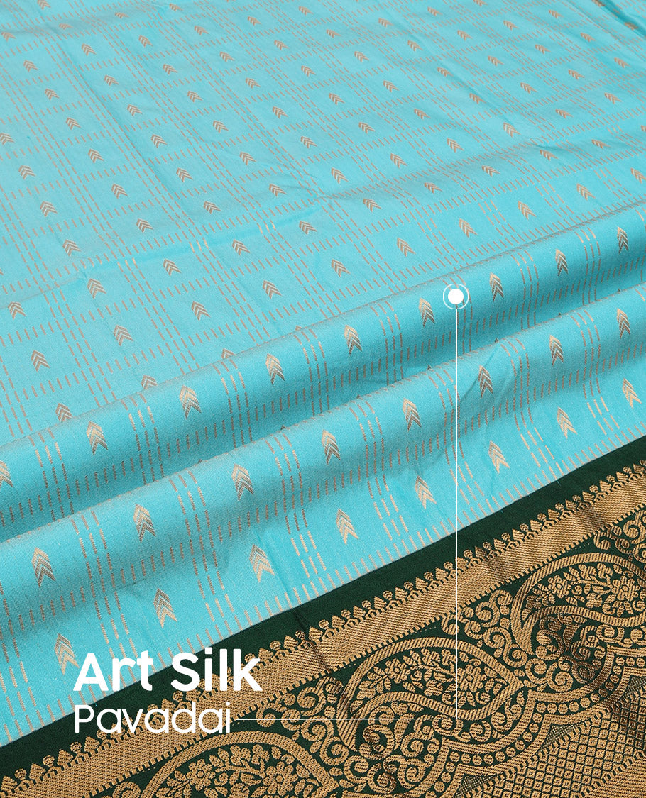 Blue Art Silk Pavadai Material Set, Decorated with Zari Butta Enclosed Checks All Over the Skirt, Complemented by a Contrast Paisley Zari Border, and Paired with a Contrast Blouse