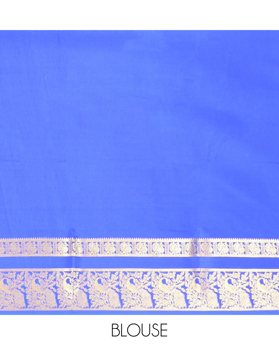 Blue Plain Mysore Silk Saree, Richly Detailed with Zari Border of Peacock Designs, Sparsely Woven Pallu of Stripes, and Paired with a Matching Blouse