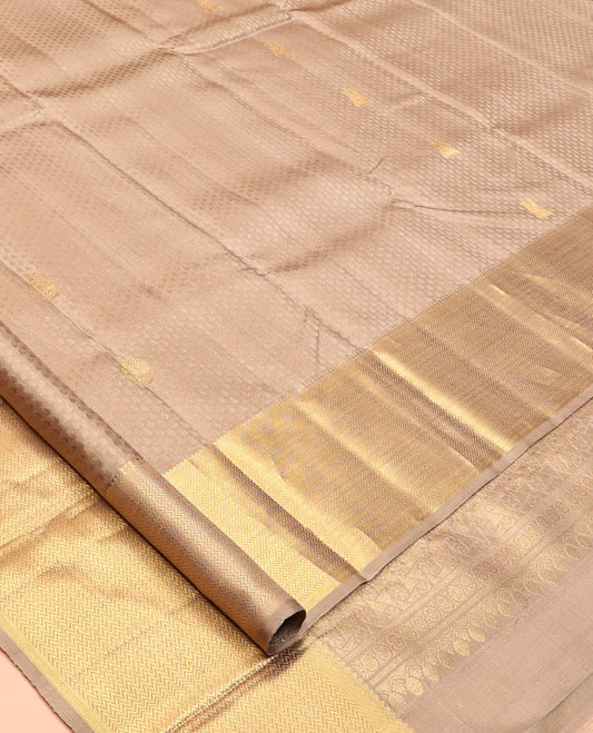 Gold Embossed-Zari Buttas Kanchipuram Silk Saree, a Vanki Zari Border, Grand Pallu, Matching Blouse