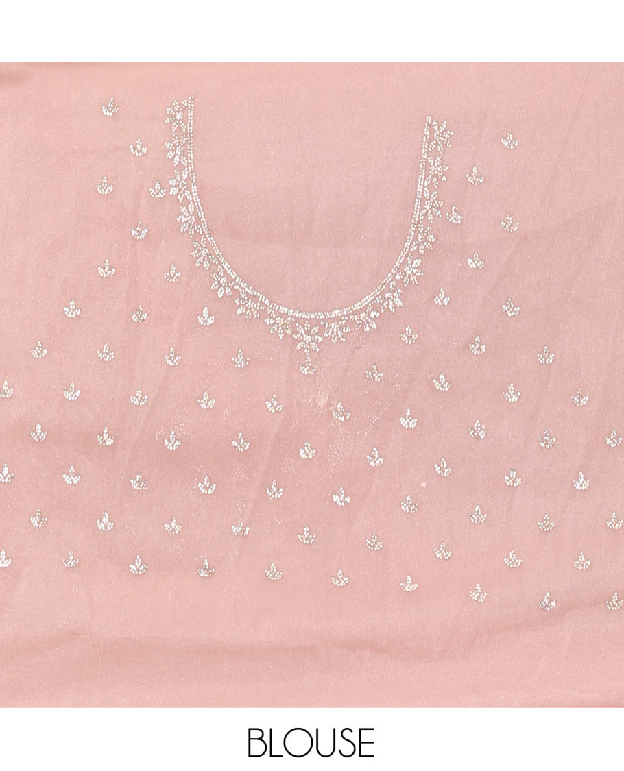 Peach Swarovski and Meena Stonework Organza Designer Saree with Scallop Border, Matching Blouse
