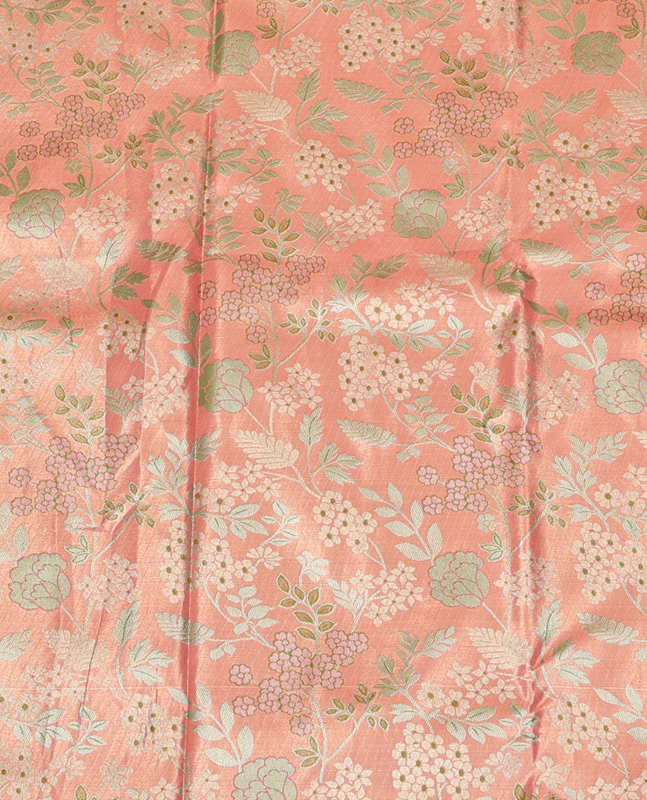 Peach Art Silk Material Half Saree Set, Delicately Woven with Jacquard Design Skirt, a Contrast Traditional Zari Design Border, Contrast Blouse, and an Intricate Dhavani