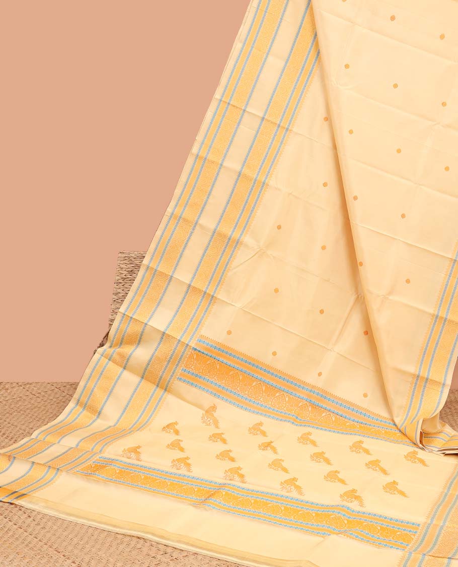 Cream floral buttas kancheepuram silk saree with self border of intricat zari design & peacock, floral design pallu