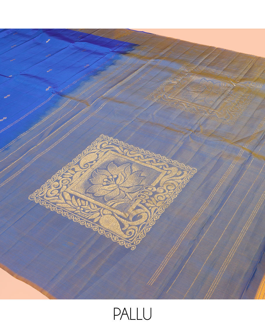Blue Kanchipuram Silk Saree, Woven with Buttas, Complemented by a Contrast Thazampoo Rekku Border, Grand Floral Pallu, and Contrast Blouse