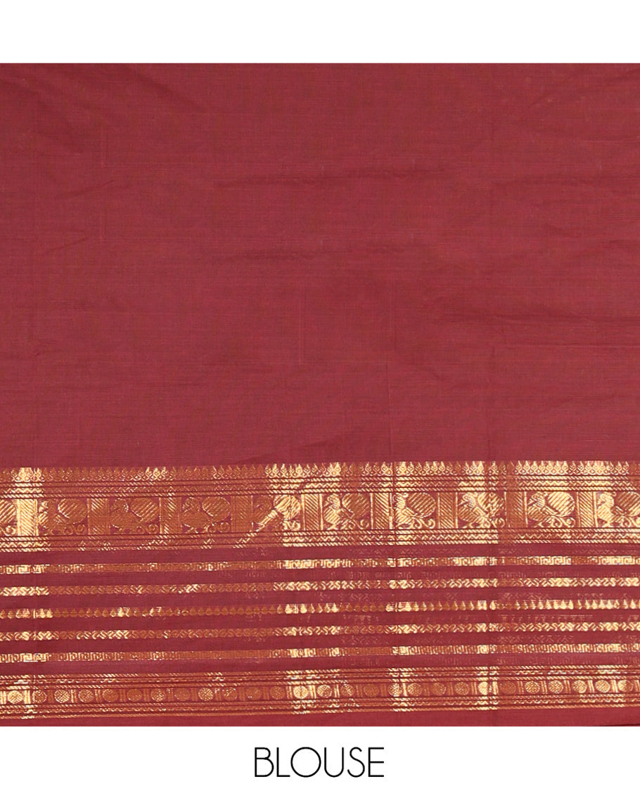 Maroon Chettinad Cotton Half-Saree, Plain Big Traditional Zari Bordered Skirt, Matching Blouse, and a Matching Dhavani