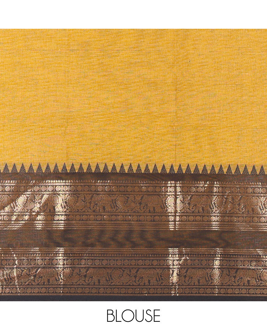 Mustard-Black Chettinad Cotton Half-Saree Featuring a Plain Skirt, Highlighted with a Contrast Peacock-Elephant Motifs Woven Rettai Pettu Zari Border, a Subtly Woven Matching Blouse, and a Vichitra Silk Contrast Traditional Zari-Bordered Dhavani