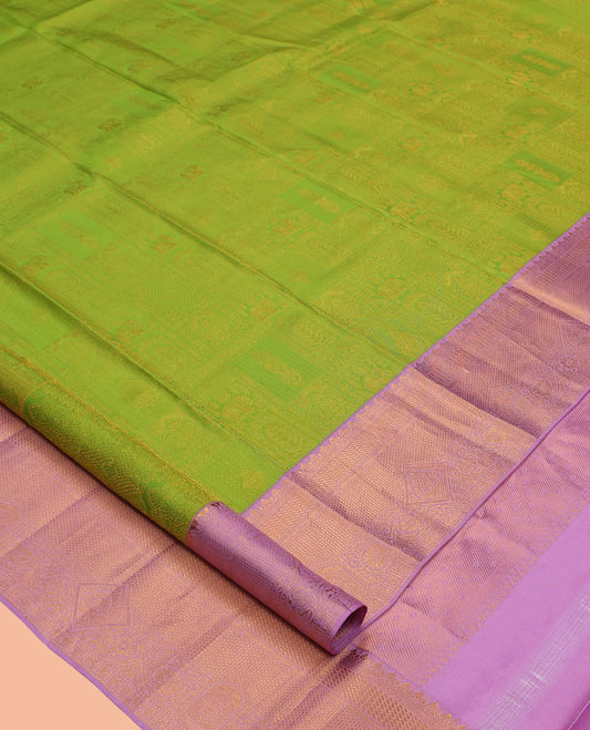Green Kanchipuram Wedding Silk Saree, Finely Crafted with Jacquard Design, a Contrast Traditional Zari Border, Grand Pallu, and a Contrast Blouse