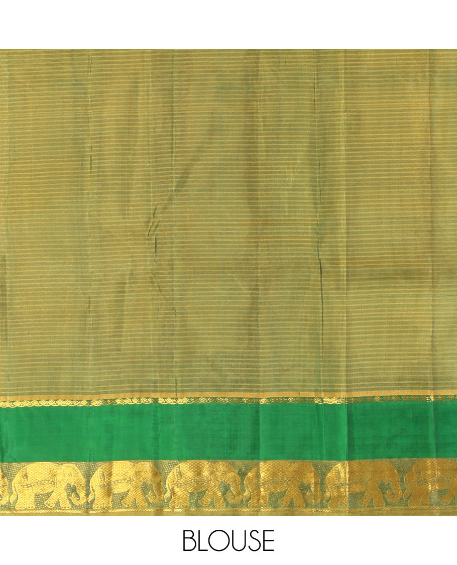 Green Kanchipuram Silk Saree, Sparsely Woven with Vazhaipoo Stripes on Its Body, Complemented by Contrast Rettai Pettu Border of Salngai, and Yaanai Designs, Zari-Striped Pallu, and Paired with a Contrast Blouse