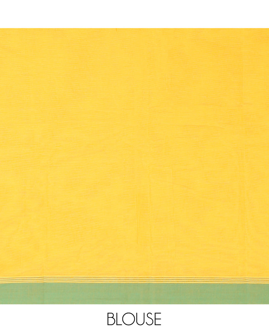 Yellow Kanchi Cotton Saree, Decked Up with Buttas All Over Its Body, Complemented by a Contrast Border, Pallu of Intricate Design, and Paired with a Matching Blouse