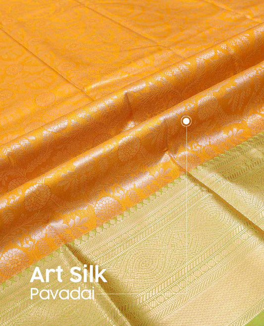 Orange floral jaal art silk pavadai material with contrast traditional zari design border & zari design blouse