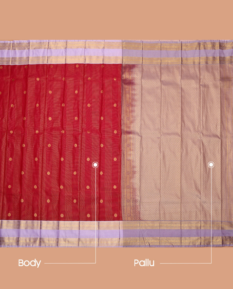 Red Budget Silk Saree, Detailed with Zari Buttas and Micro-Checks, a Contrast Traditional Zari Rettai Pettu Border, Intricate Pallu, and a Contrast Blouse