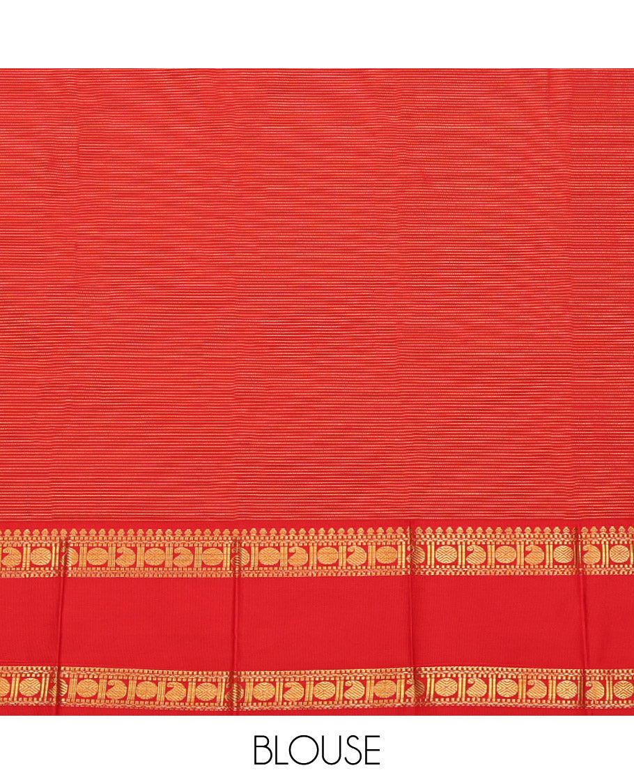 Green Budget Silk Saree, Sparsely Sparkled with Zari Buttas and Stripes, Complemented by a Contrast Traditional Zari Rettai Pettu Border, Grand Jaal Pallu, and a Contrast Blouse