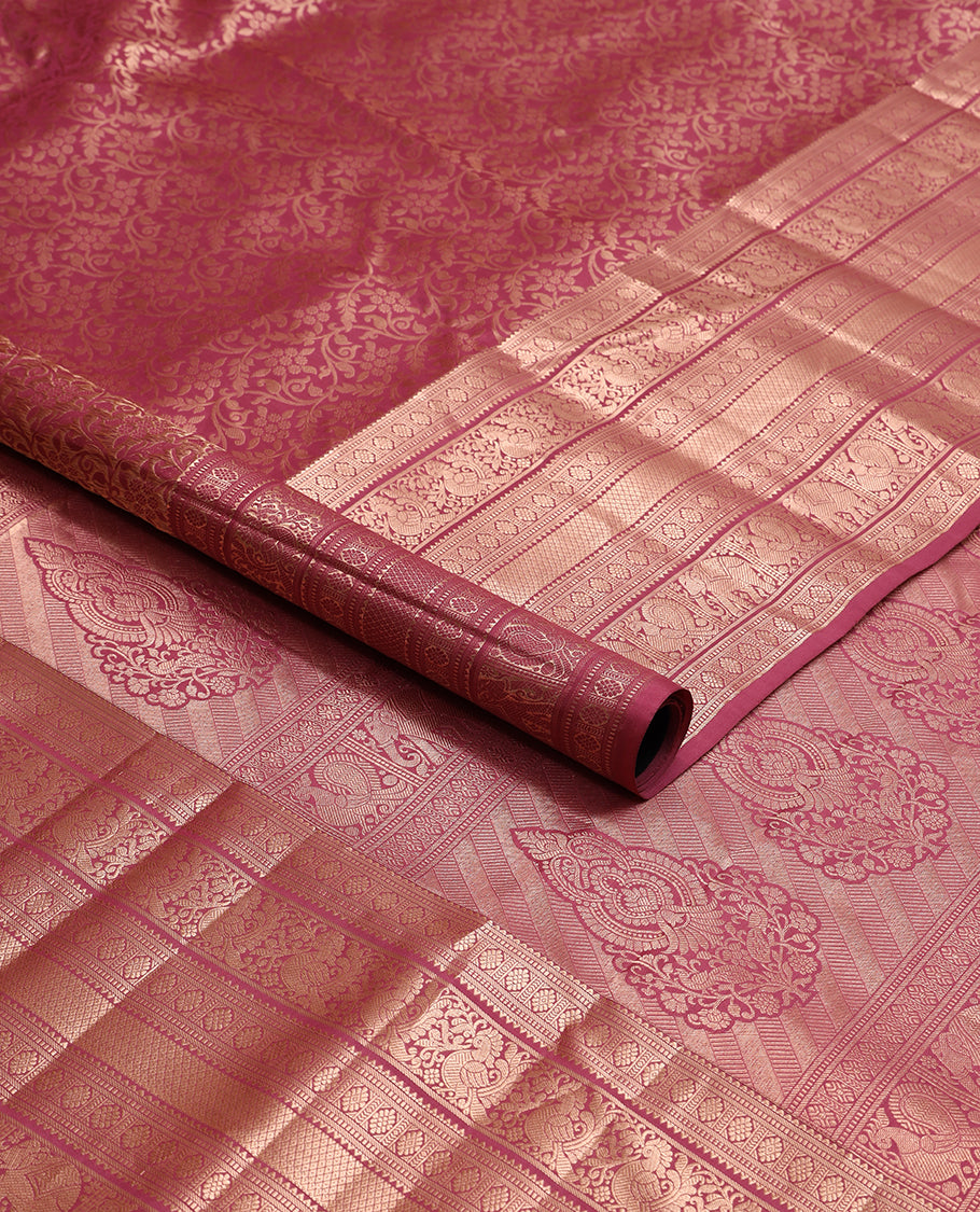 Maroon floral design kancheepuram silk saree with self border of rekku, muthu, banaras, mayil, yanai design & zari design pallu