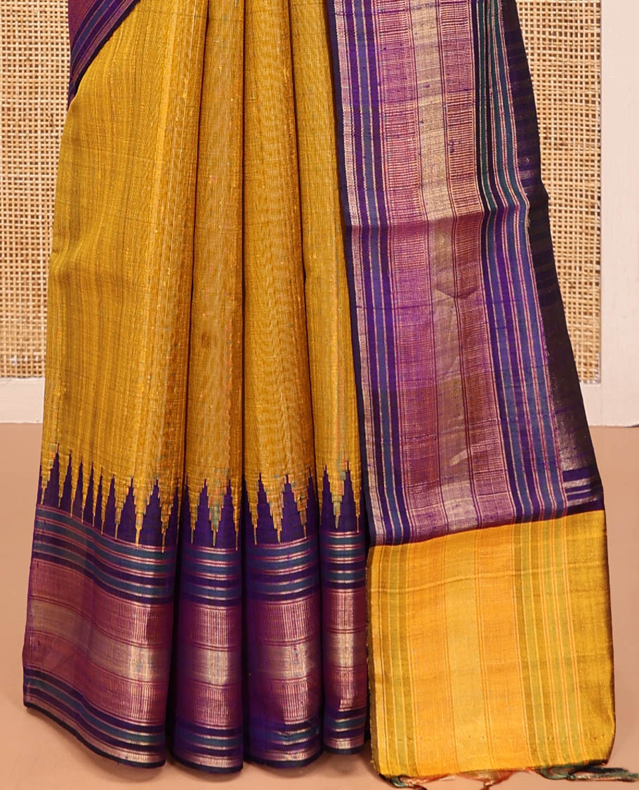 Mustard Plain Dupion Silk Saree, Complemented by a Contrast Temple Zari Border, Gleaming Striped Pallu, and a Contrast Blouse