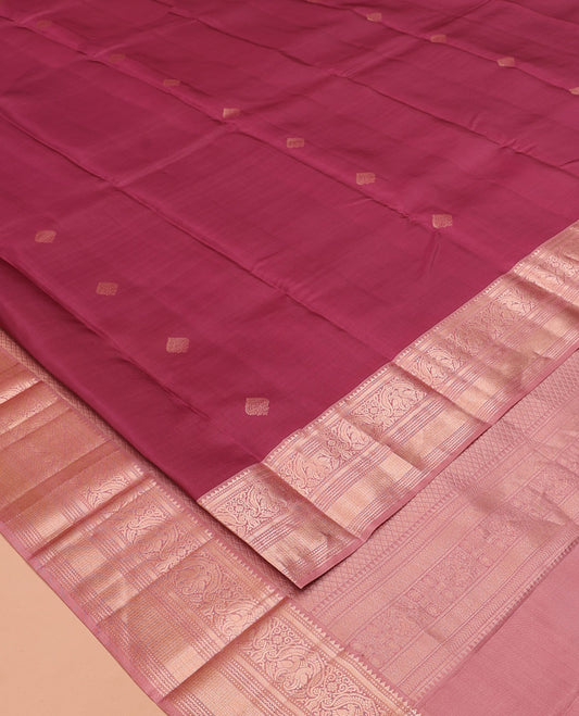 Light Maroon Vasundhara Silk Saree, Woven with Zari Buttas All Over Its Body, Complemented by a Contrast Border of Rekku, Muthu, Kili, Banaras, Neli, and Mayil Kann Designs, Grand Pallu, and Paired with a Contrast Blouse