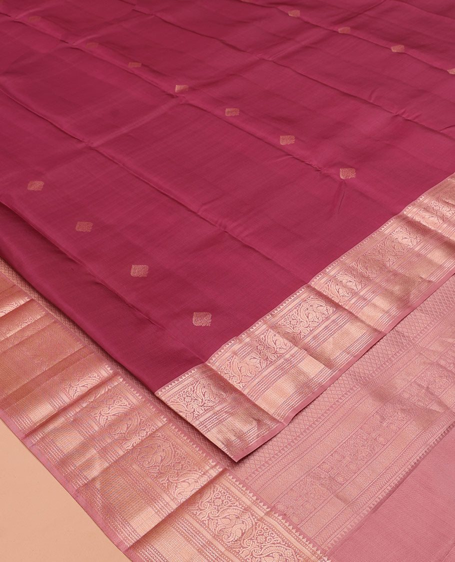 Light Maroon Vasundhara Silk Saree, Woven with Zari Buttas All Over Its Body, Complemented by a Contrast Border of Rekku, Muthu, Kili, Banaras, Neli, and Mayil Kann Designs, Grand Pallu, and Paired with a Contrast Blouse