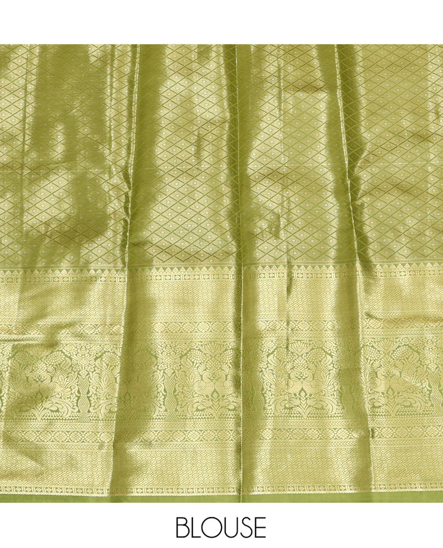 Peach Art Silk Material Half Saree Set, Delicately Woven with Jacquard Design Skirt, a Contrast Traditional Zari Design Border, Contrast Blouse, and an Intricate Dhavani