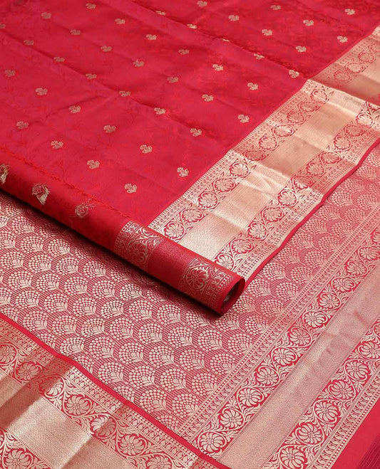 Red floral jacquard kancheepuram silk saree with self floral design border & jaal design pallu