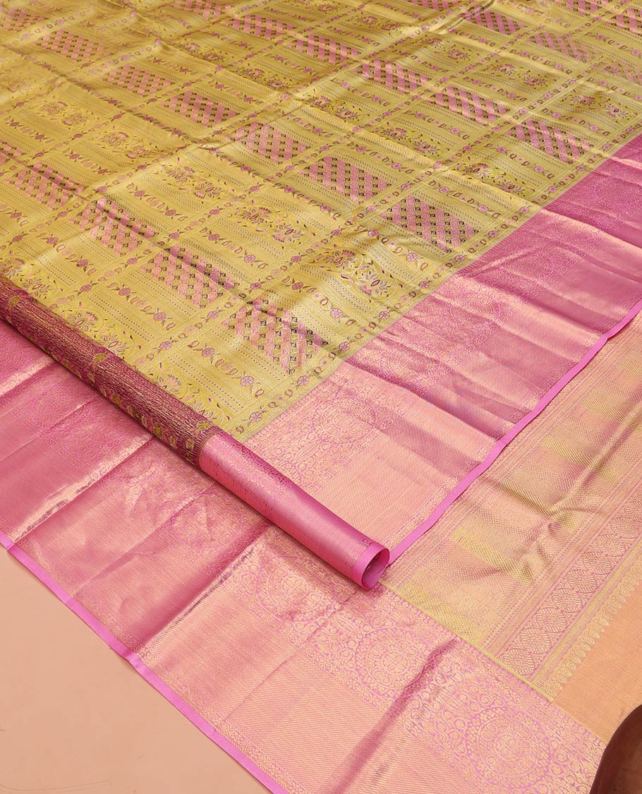 Yellow Kanchipuram Tissue Silk Saree, Finely Crafted with Meenakari Jacquard Designs on Its Body, Complemented by a Contrast Zari Border of Chakram Designs, Intricately Designed Pallu, and Paired with a Contrast Blouse