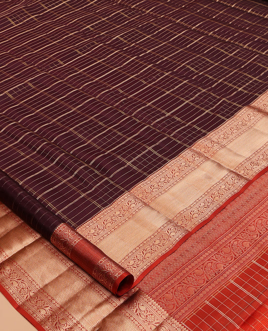 Brown Checked Vasundhara Lite Silk Mix Saree, a Contrast Kodi Visiry-Mayil Kann Border, a Contrast Blouse
