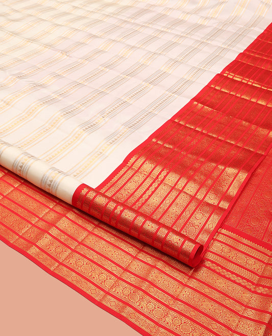 Cream Kanchipuram Designer Silk Saree, Finely Crafted with Geometric Design, Contrast Border of Rekku, Kathir, Annam Chakram, and Jada Nagam Design, Jaal Pallu, and a Contrast Blouse