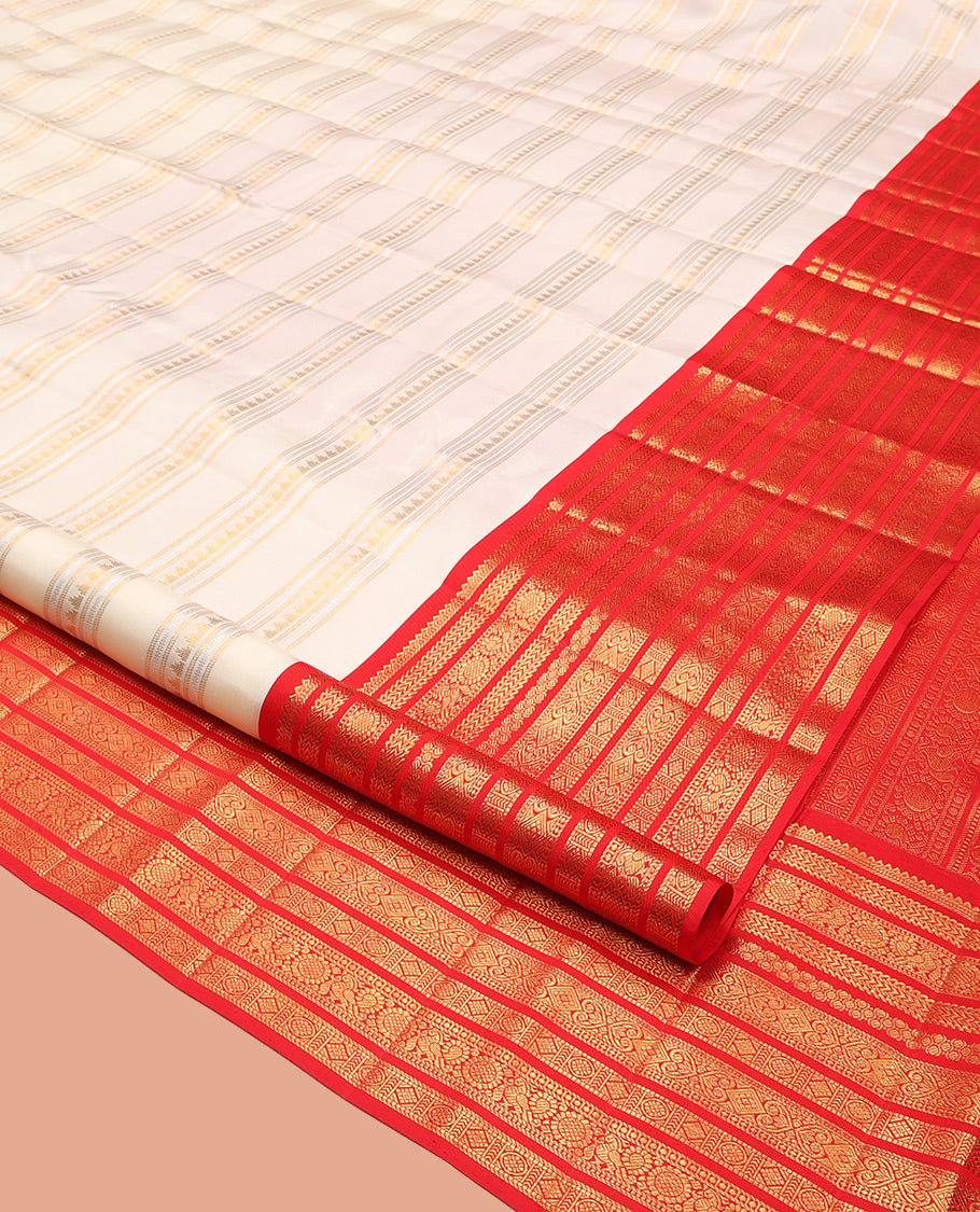 Cream Kanchipuram Designer Silk Saree, Finely Crafted with Geometric Design, Contrast Border of Rekku, Kathir, Annam Chakram, and Jada Nagam Design, Jaal Pallu, and a Contrast Blouse