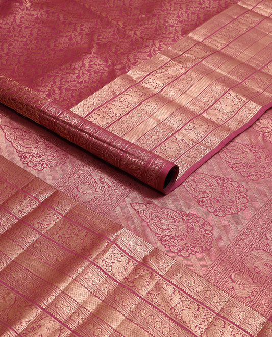 Maroon floral design kancheepuram silk saree with self border of rekku, muthu, banaras, mayil, yanai design & zari design pallu