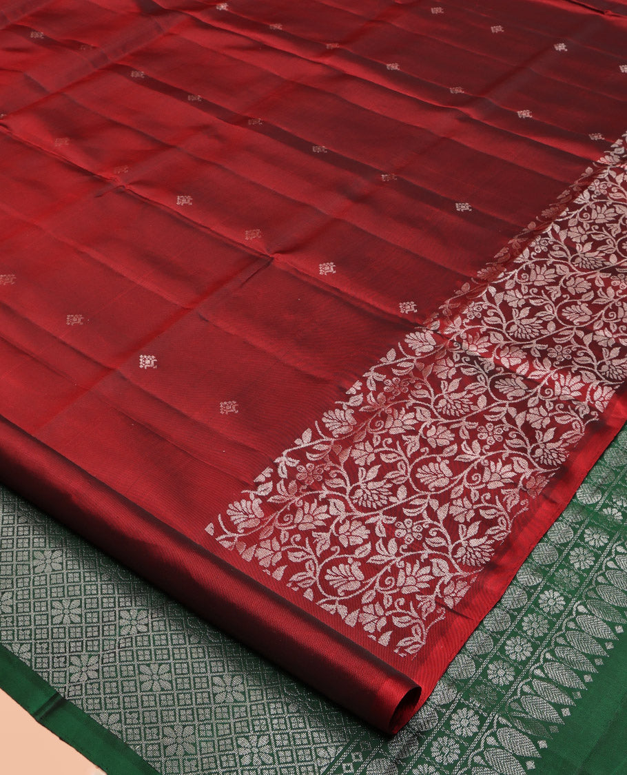 Red Mayuri Lite Silk Mix Saree, Detailed with Buttas, Highlighted by Floral Jaal Border, Contrast Jaal Pallu, and a Contrast Blouse