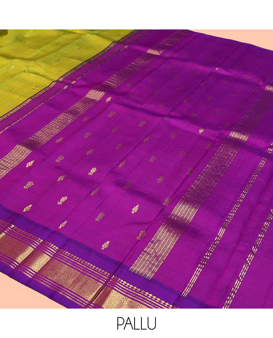 Green Kanchipuram Silk Saree, Detailed with Zari Buttas, Contrast Border of Paneer Sombu, Banaras, Muthu,and Mayil Kann, Zari Design Pallu, and No Blouse
