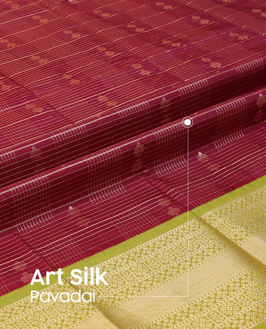 Burgundy Art Silk Pavadai Material Set, Featuring Zari Buttas Enclosed Checks All Over the Skirt, Complemented by a Contrast Traditional Zari Design Border, and Paired with a Contrast Blouse