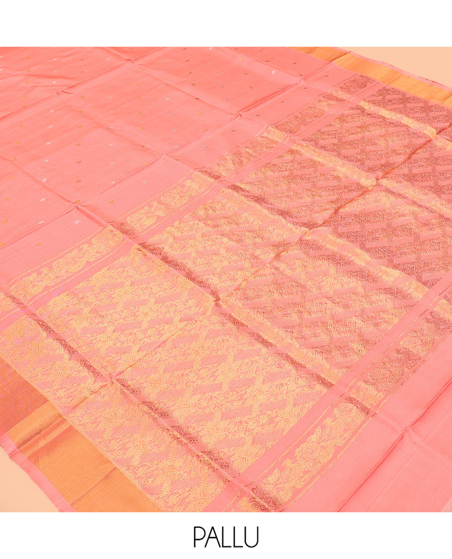 Coral Pink Uppada Silk Saree, Dazzled with Zari Buttas, a Bavanji Border, Grand Floral Jaal Pallu, and a Matching Blouse